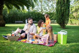 A family is sitting in a park having a picnic.